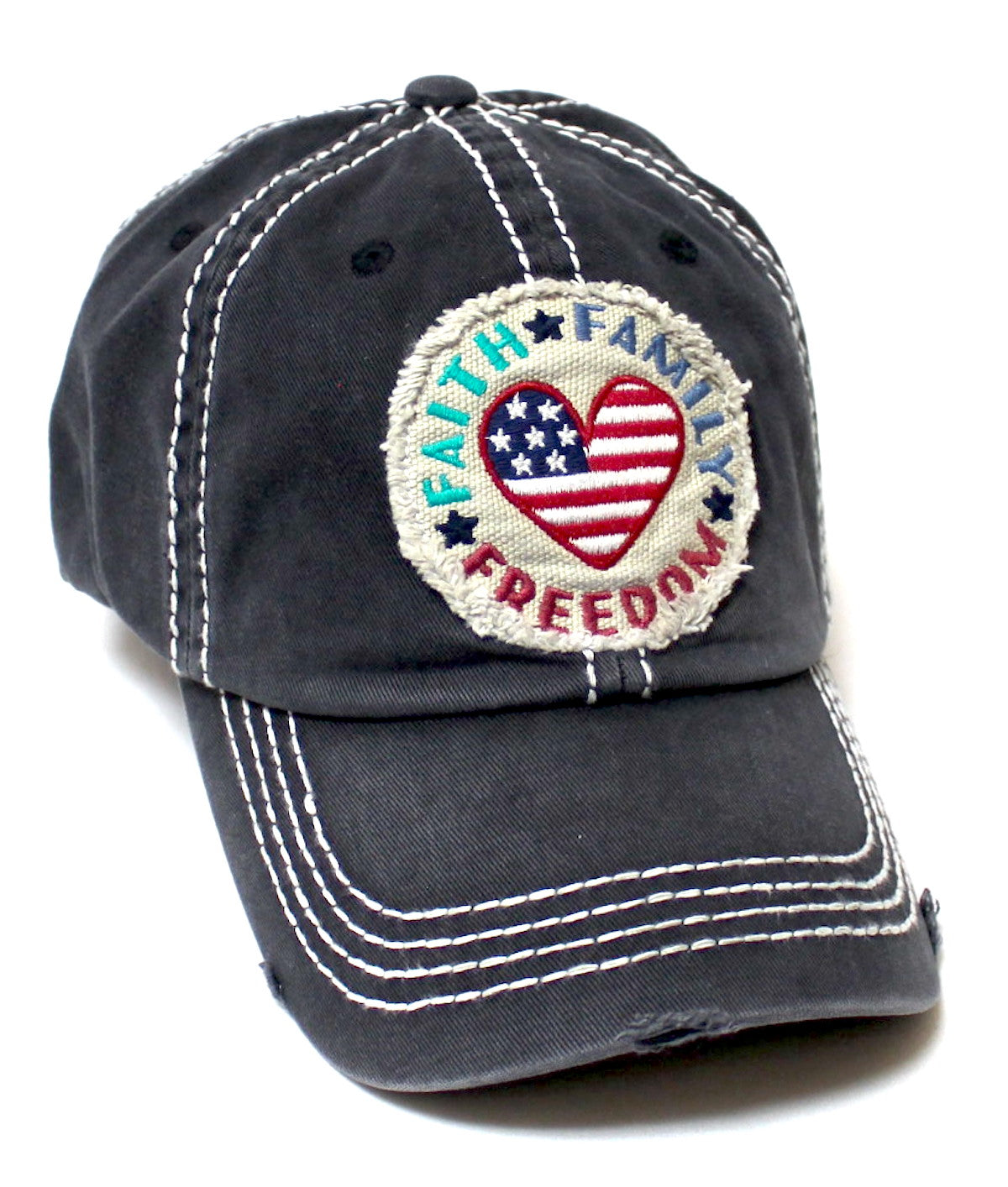 Unisex Adjustable Ballcap Faith, Family, Freedom American Flag Heart Patch Embroidery Hat, Black