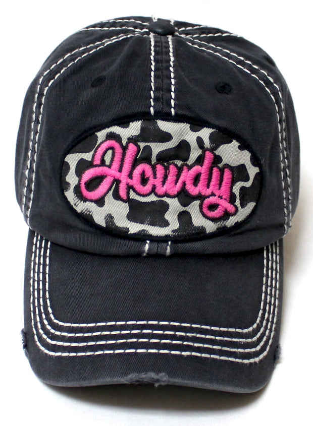 CAPS 'N VINTAGE Womens Adjustable Ballcap Howdy Western Cow Print Patch Embroidery Hat, Black