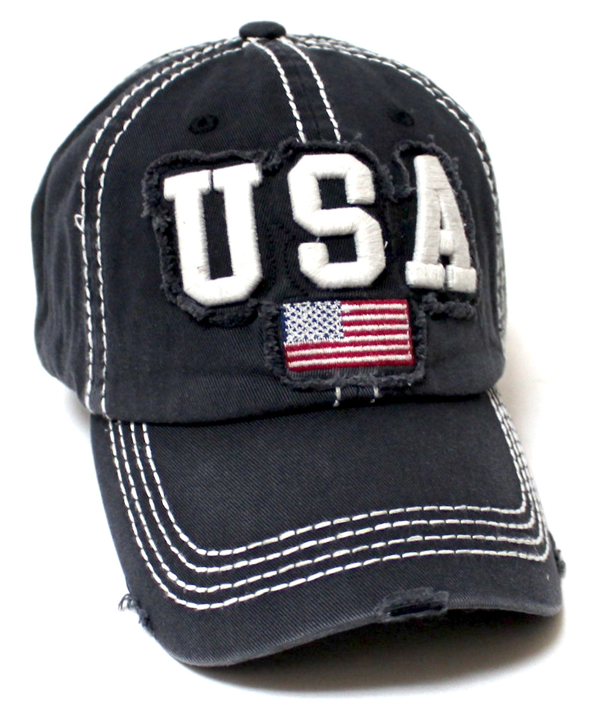 CAPS 'N VINTAGE Unisex USA Distressed Baseball Cap American Flag Patch Embroidery Monogram Hat