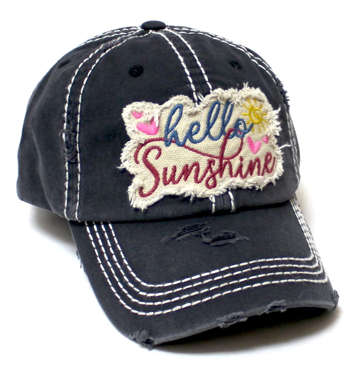CAPS 'N VINTAGE Womens Monogram Cap Hello Sunshine Patch Embroidery Distressed Hat