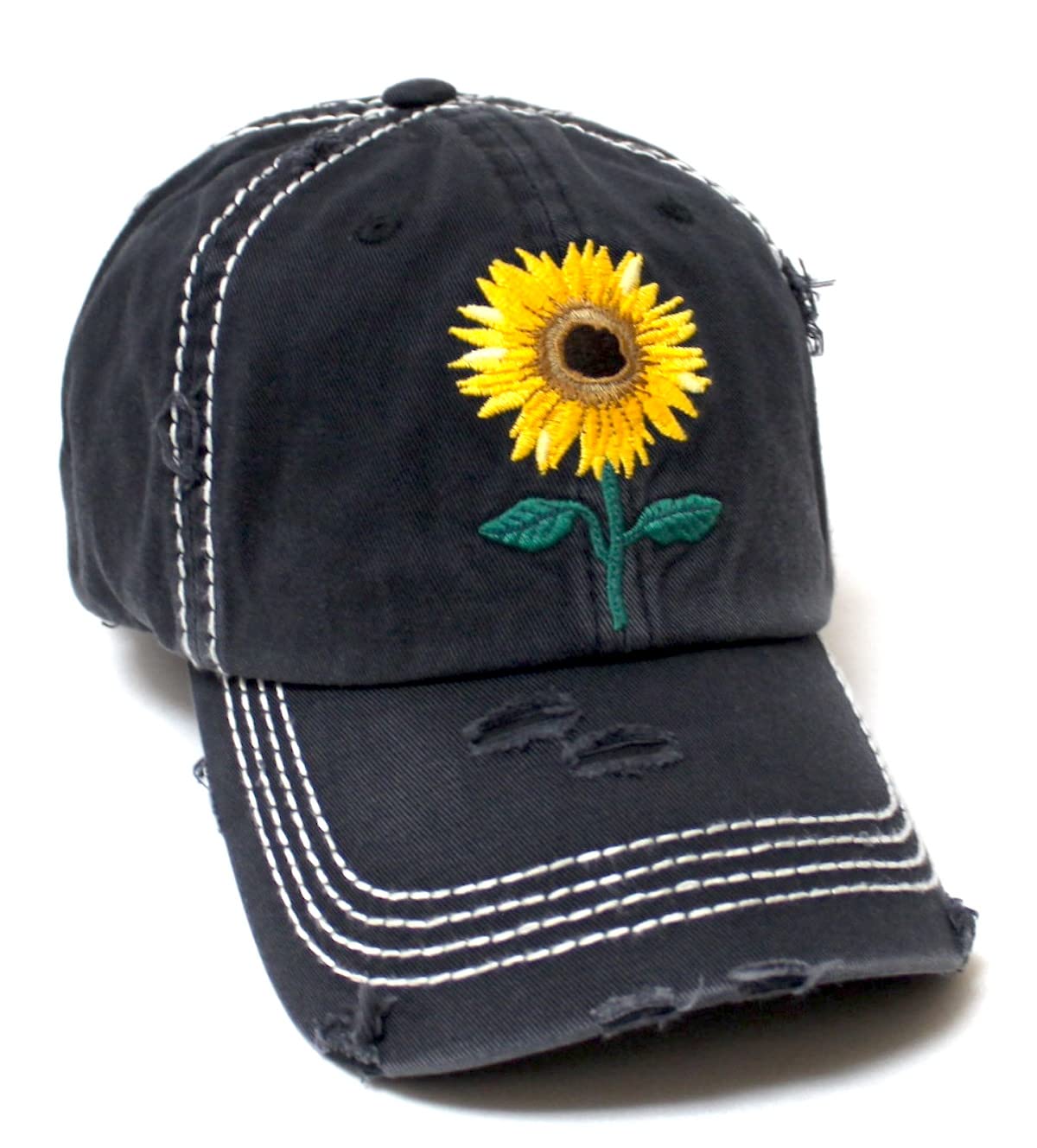 CAPS 'N VINTAGE Women's Sunflower Monogram Cap Patch Embroidery Distressed Hat
