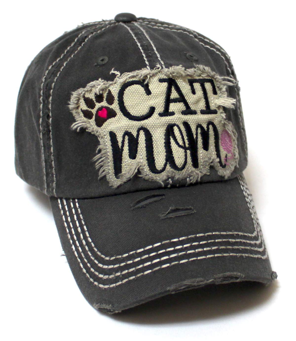 Women's Ballcap Cat Mom Love Paw, Playing Yarn Paw Patch Embroidery Hat, Vintage Black