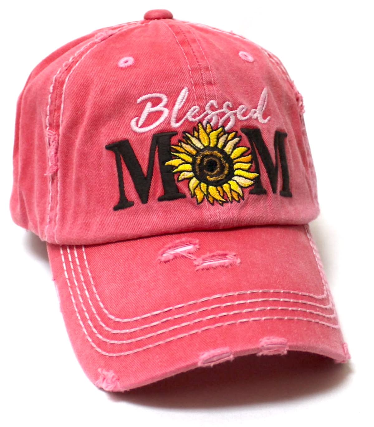 CAPS 'N VINTAGE Womens Embroidery Cap Blessed MOM Sunflower Monogram Distressed Hat