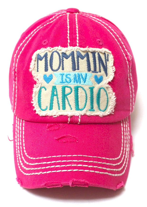 Women's Ballcap Mommin' is My Cardio Distressed Vintage Unconstructed Embroidered Hat, Hot Pink - Caps 'N Vintage 