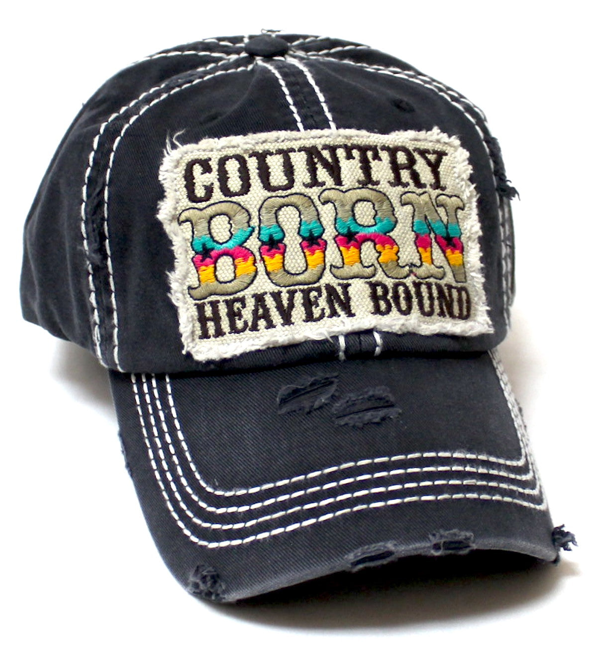 Women's Distressed Ballcap Country Born Heaven Bound Western Themed Patch Embroidery Hat, Black