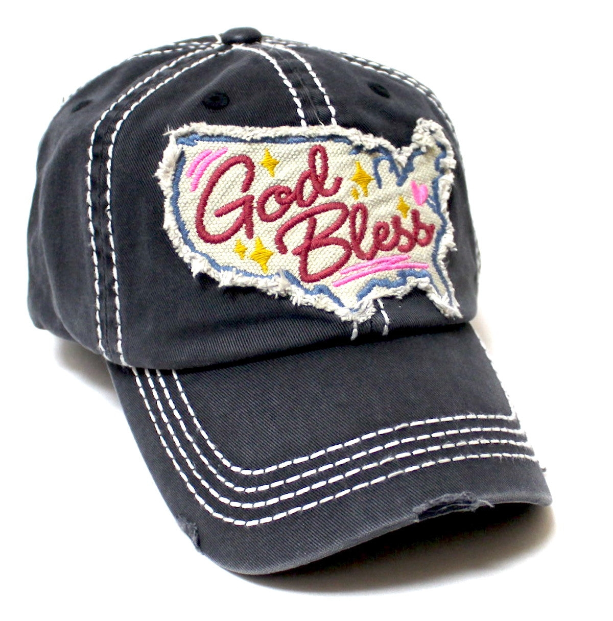 CAPS 'N VINTAGE Unisex Adjustable Ballcap GOD Bless America Patch Embroidery Hat, Black