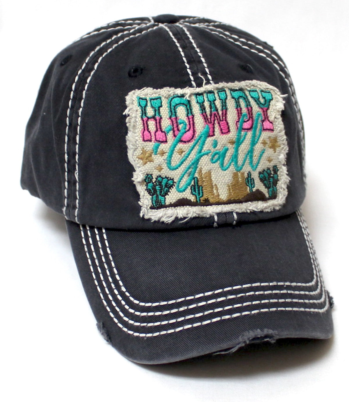 CAPS 'N VINTAGE Women's Distressed Baseball Cap Howdy Y'all Patch Embroidery Monogram Hat