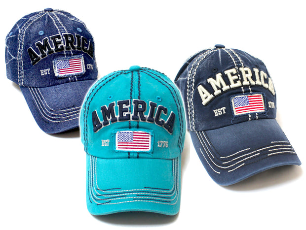 USA Vintage Baseball Cap America Est. 1776 in Denim, Turquoise & Navy Blue