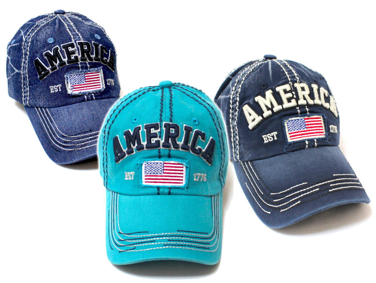 USA Vintage Baseball Cap America Est. 1776 in Denim, Turquoise & Navy Blue