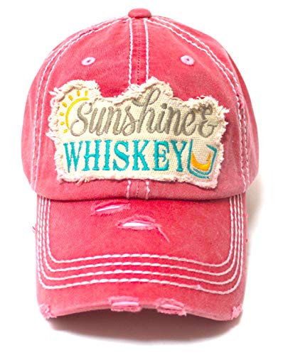 CAPS 'N VINTAGE Women's Distressed Beach Hat Sunshine Fun Patch Embroidery Monogram Ballcap, Coral Rose - Caps 'N Vintage 