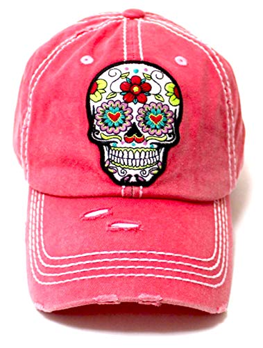 Women's Vintage Hat Sugar Skull Monogram Patch Embroidery Baseball Cap, Rose Pink