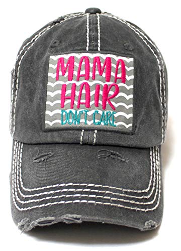 CAPS 'N VINTAGE Women's Beach Cap Mama Hair Don't Care Patch Embroidery Adjustable Baseball Hat, Graphite Black - Caps 'N Vintage 