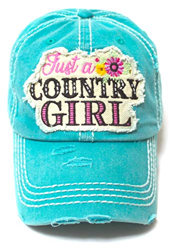 Women's Summer Cap Just a Country Girl Spring Floral Patch Embroidery Adjustable Hat, California Turquoise Blue - Caps 'N Vintage 