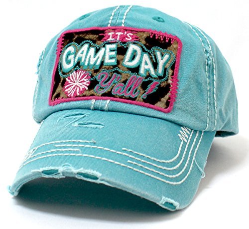 Turquoise "IT'S GAME DAY Y'ALL!" Leopard Print Patch Embroidery Vintage Baseball Hat - Caps 'N Vintage 