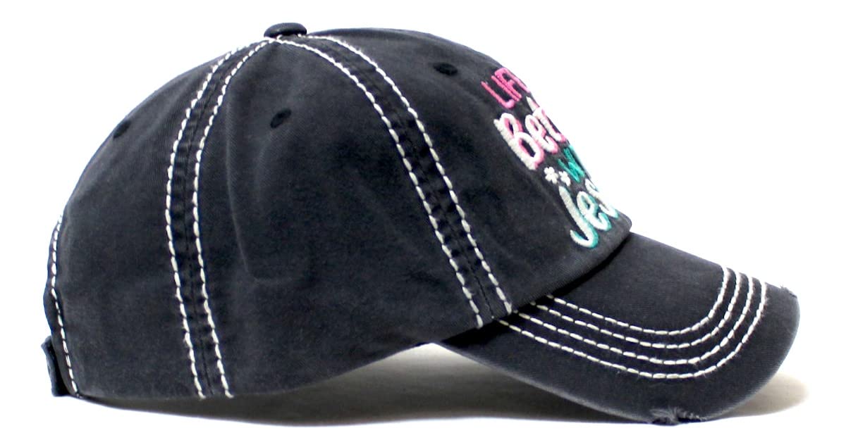 CAPS 'N VINTAGE Christian Theme Baseball Hat Life is Better with Jesus Monogram Embroidery Cap, Black