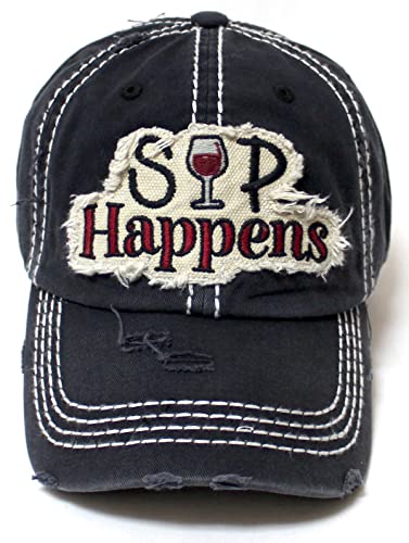 CAPS 'N VINTAGE Women's SIP Happens Wine Patch Embroidery Monogram Hat, Black