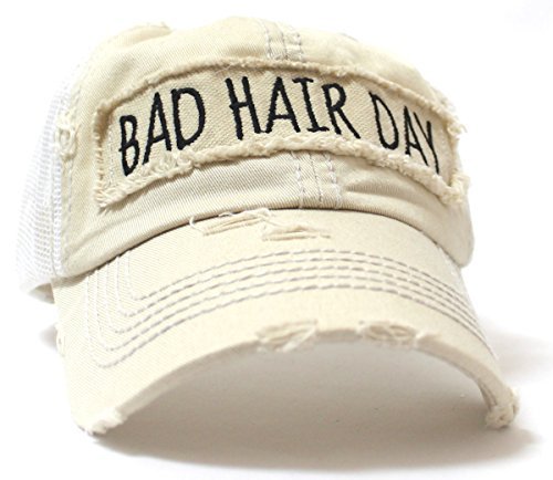 NEW! SUMMER MESH COLLECTION: Khaki "BAD HAIR DAY" Vintage Trucker Hat - Caps 'N Vintage 
