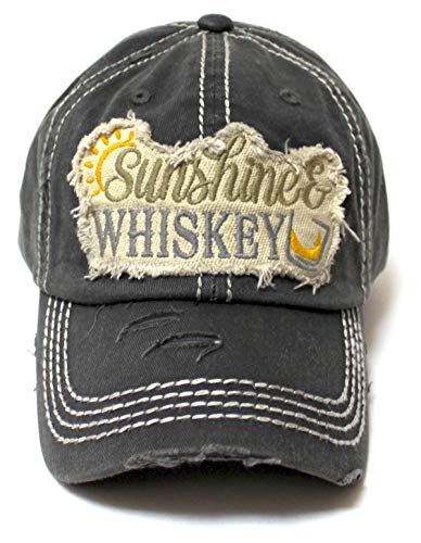 Women's Distressed Beach Hat Sunshine Fun Patch Embroidery Monogram Ballcap, Vintage Black - Caps 'N Vintage 