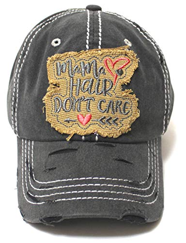 Mama Hair Don't Care Hearts & Arrow Monogram Patch Embroidery Adjustable Hat, Vintage Black - Caps 'N Vintage 