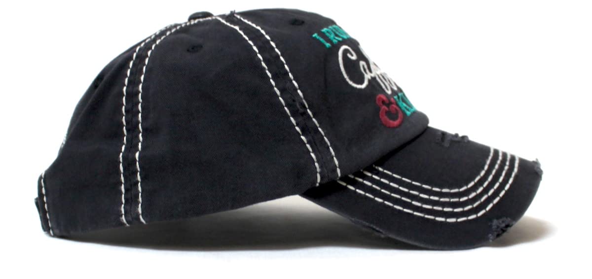 Women's Hat I Run on Caffeine & Kisses Hearts, Lips & Coffee Embroidery Distressed Cap, Black