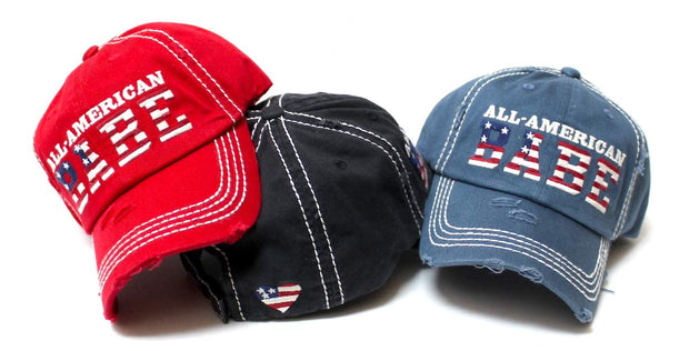 Women's Distressed Baseball Cap All-American Babe American Flag, Heart Monogram Embroidery Hat