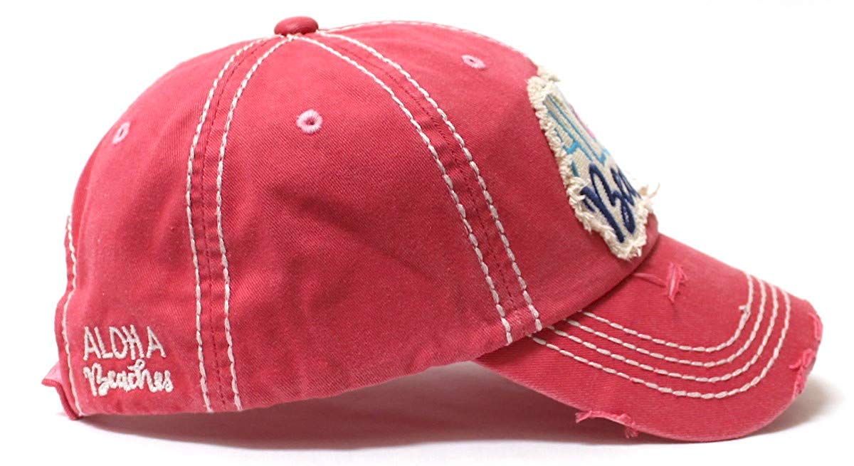 Aloha Beaches Patch Embroidery Distressed Baseball Hat, Coral Rose - Caps 'N Vintage 