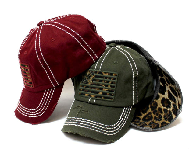 Women's Adjustable Baseball Cap Leopard Patch Embroidery American USA Flag Hat, Vintage Army Green