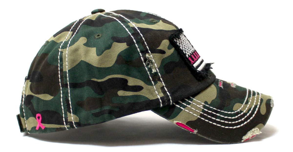 CAPS 'N VINTAGE Women's Breast Cancer Awareness Baseball Cap American Flag, Pink Ribbons Patch Embroidery Monogram Hat, Army Camo