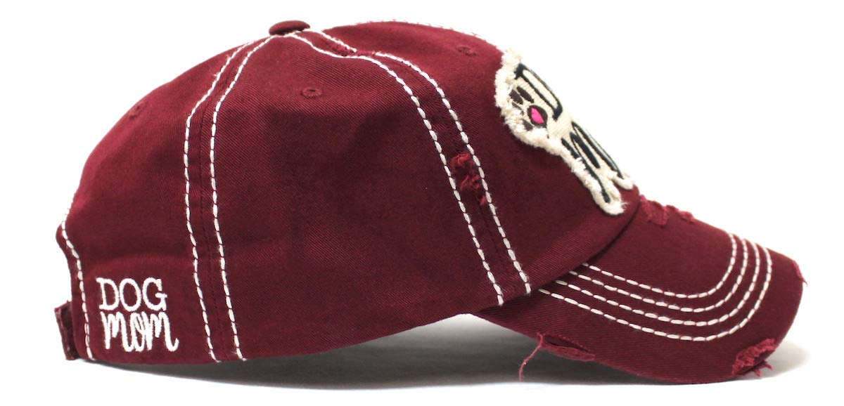 Women's Distressed Ballcap Dog Mom Puppy Love Patch Embroidery Hat, Wine Burgundy - Caps 'N Vintage 