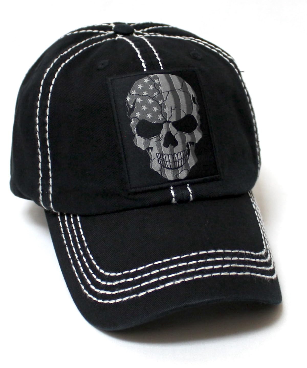 CAPS 'N VINTAGE Unisex Distressed Ballcap American Flag Skull Patch Embroidery Hat, Grunge Black