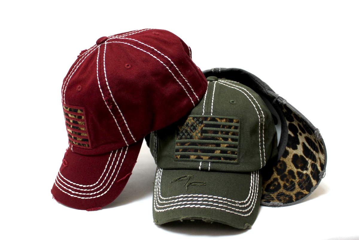 Women's Adjustable Baseball Cap Leopard Patch Embroidery American USA Flag Hat, Vintage Army Green