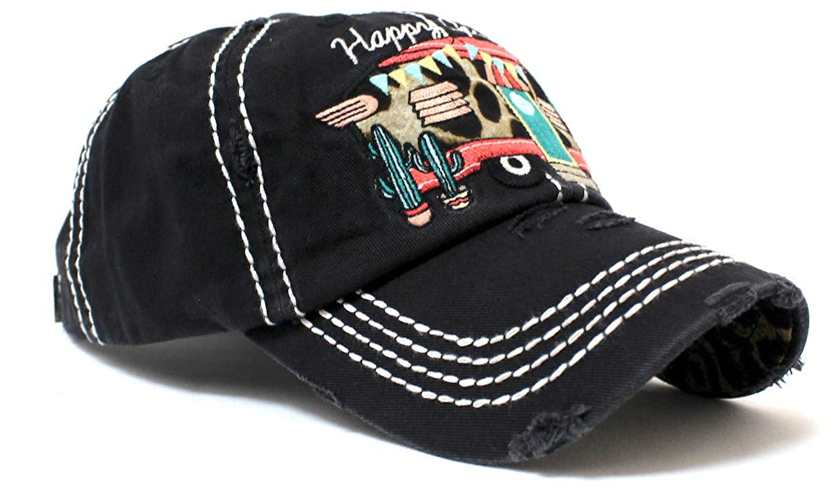 New!! Black Cactus & Leopard Print Happy Camper Cap - Caps 'N Vintage 