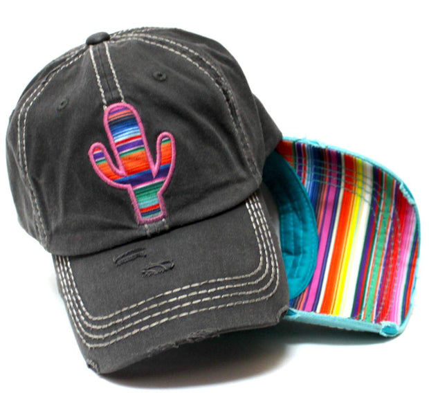 Women's Distressed Serape Patterned Cactus Monogram Embroidery Ballcap, Vintage Black - Caps 'N Vintage 