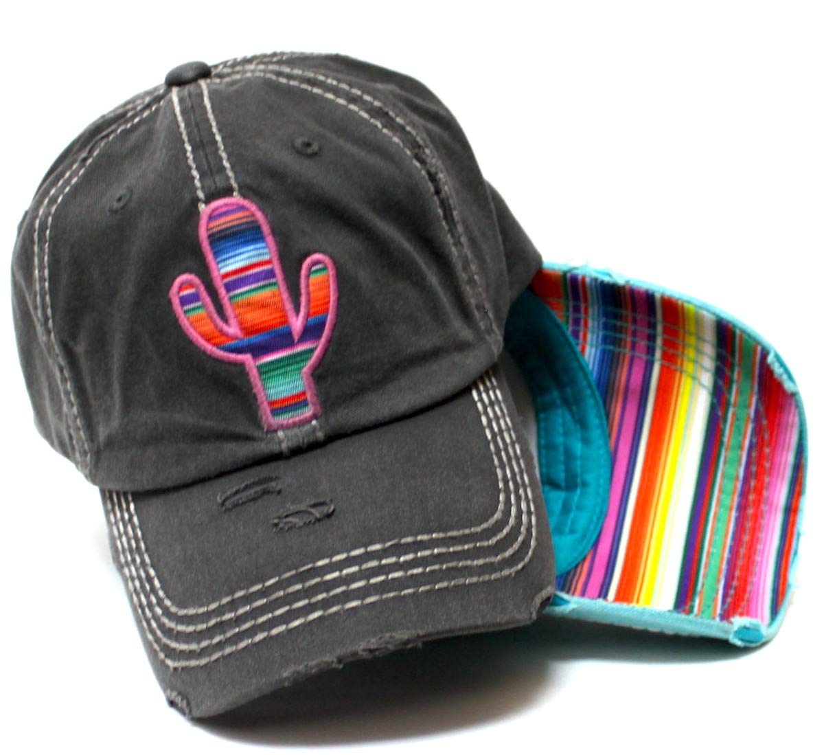 Women's Distressed Serape Patterned Cactus Monogram Embroidery Ballcap, Vintage Black - Caps 'N Vintage 