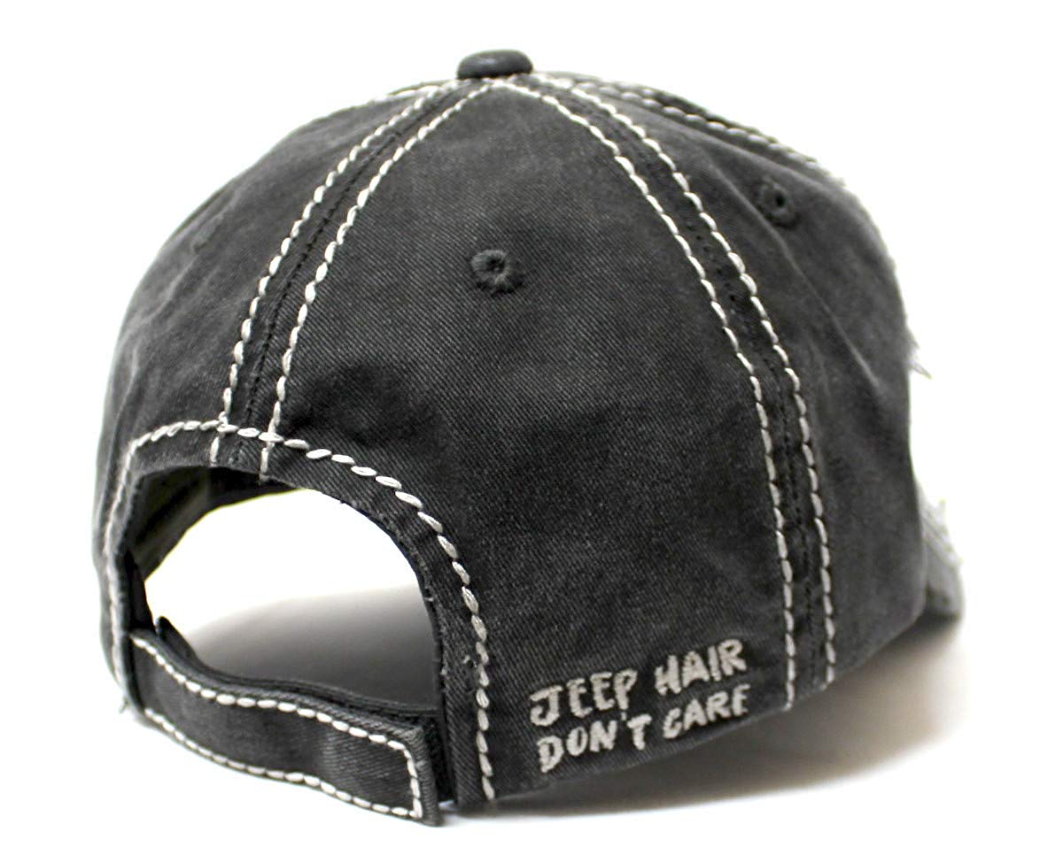 Ladies Bow-Tie Jeep Hair Don't Care Monogram Cheer Baseball Hat, Charcoal Black - Caps 'N Vintage 