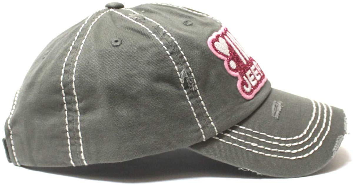 Women's Ballcap Jeep Girl Pink Glitter, Hearts Patch Embroidery Hat, Silver Mist Grey - Caps 'N Vintage 