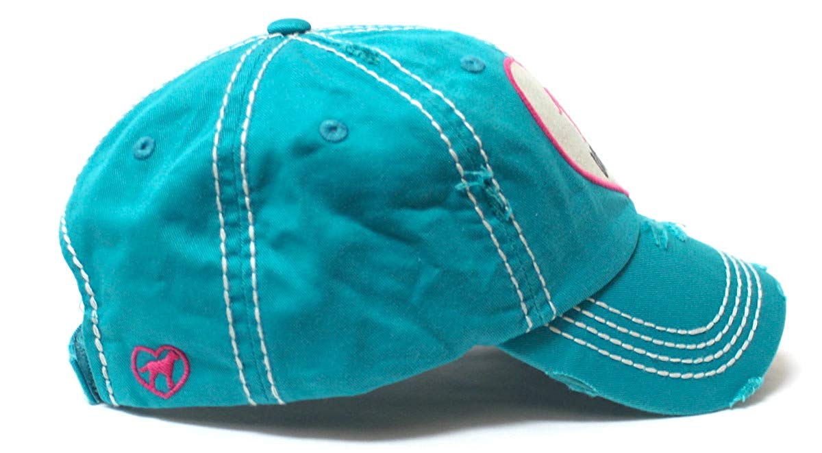 Women's Love Pink Cap Dog MOM Heart Patch Embroidery, Turquoise - Caps 'N Vintage 
