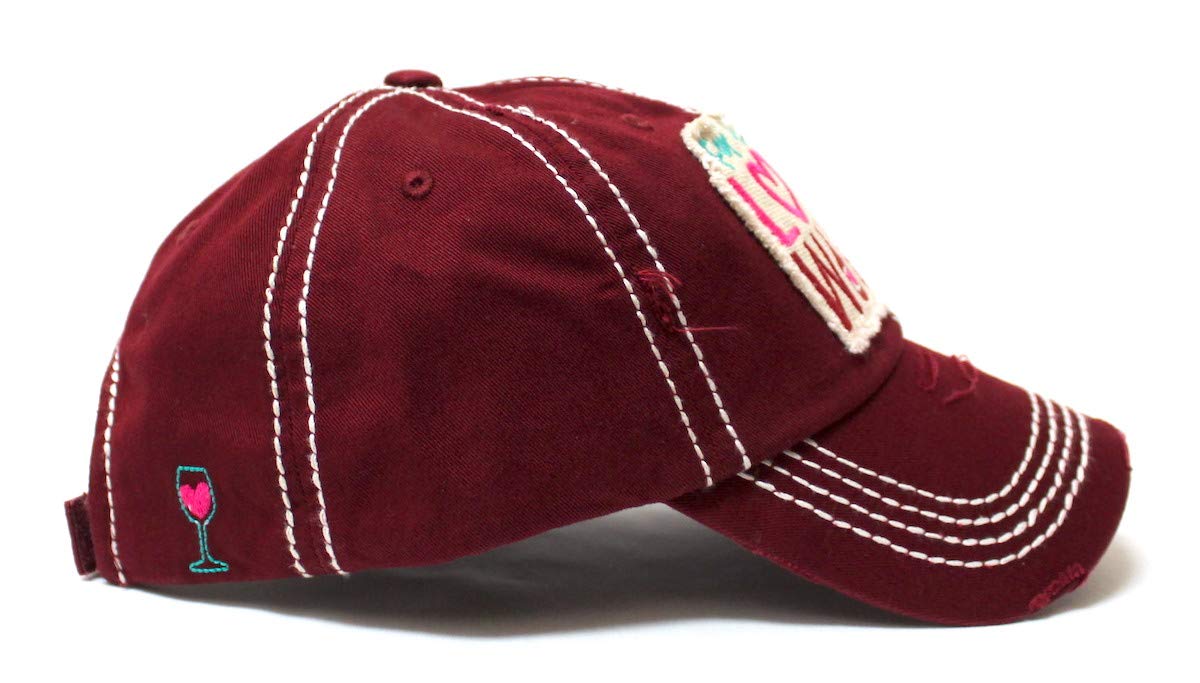 Women's Baseball Cap for The Love of Wine Patch Embroidery Hearts & Bubbles Monogram Hat, Vintage Burgundy - Caps 'N Vintage 