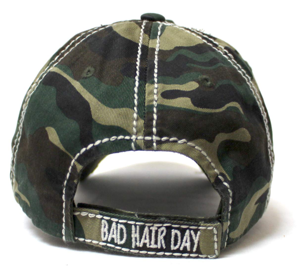 Women's Hat Bad Hair Day Embroidery Patch on Distressed Cap, Vintage Army Camo - Caps 'N Vintage 