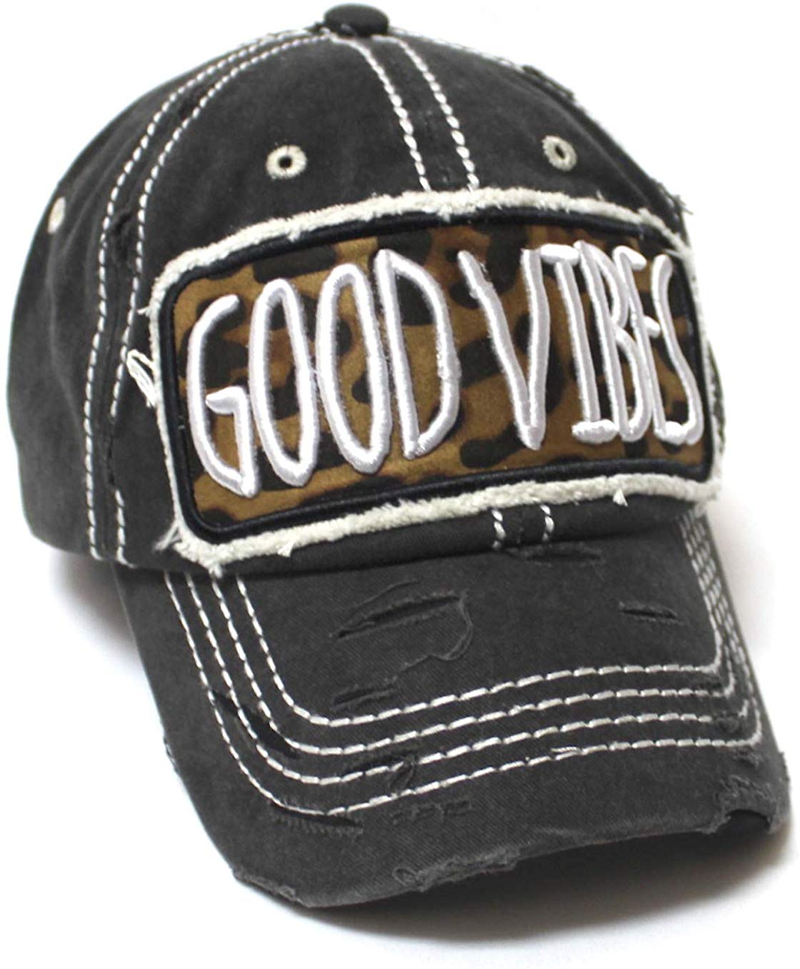 Leopard Print Good Vibes Monogram Patch Embroidery, Adjustable Baseball Hat, Vintage Black - Caps 'N Vintage 