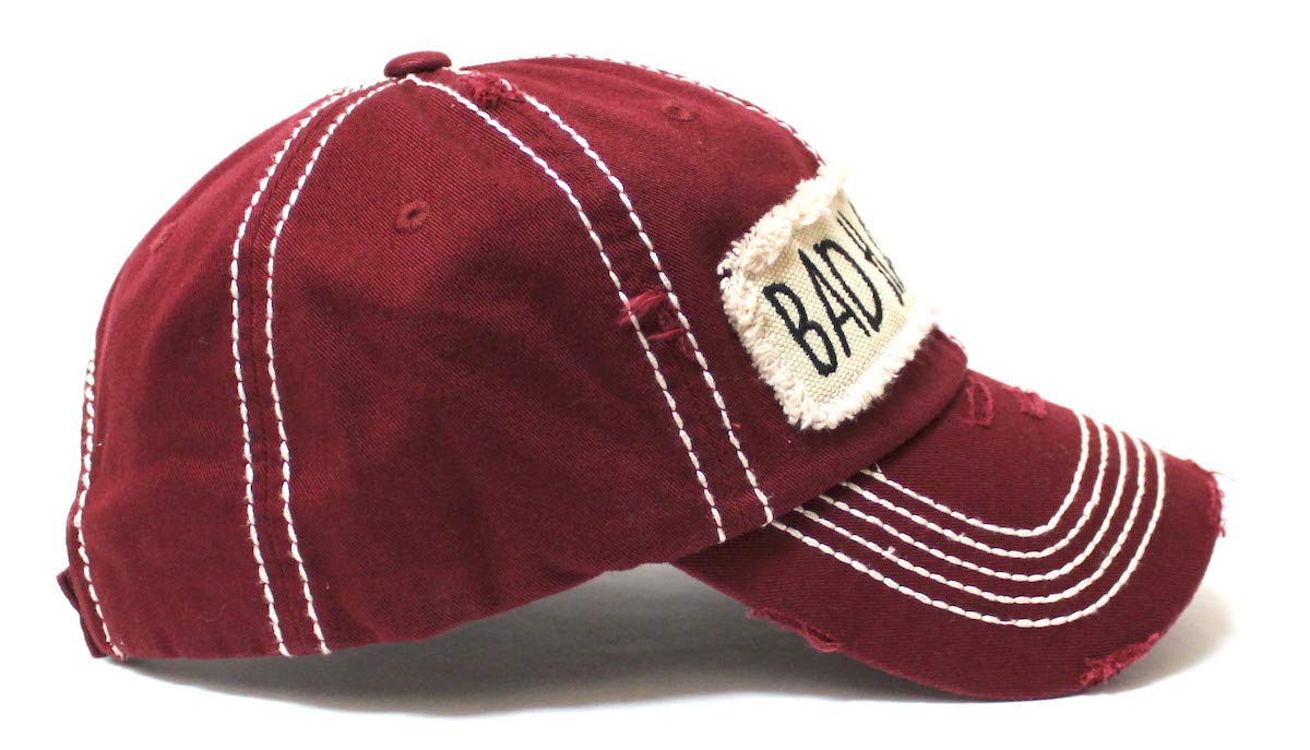 Women's Hat Bad Hair Day Embroidery Patch on Distressed Cap, Vintage Cabernet - Caps 'N Vintage 