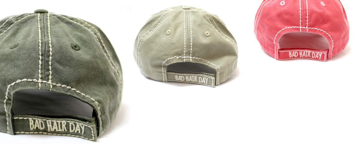 Women's Hat Bad Hair Day Embroidery Patch on Distressed Cap, Vintage Army Camo - Caps 'N Vintage 