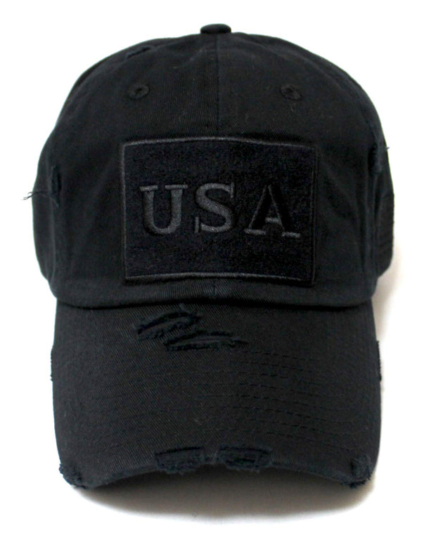 CAPS 'N VINTAGE Distressed USA American Flag Monogram Embroidery Adjustable Hat, Washed Black - Caps 'N Vintage 