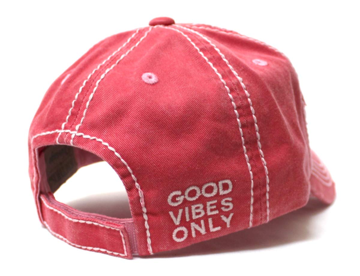 Women's Summer Ballcap Good Vibes Only Floral Monogram Embroidery Beach Hat, Rose Pink - Caps 'N Vintage 