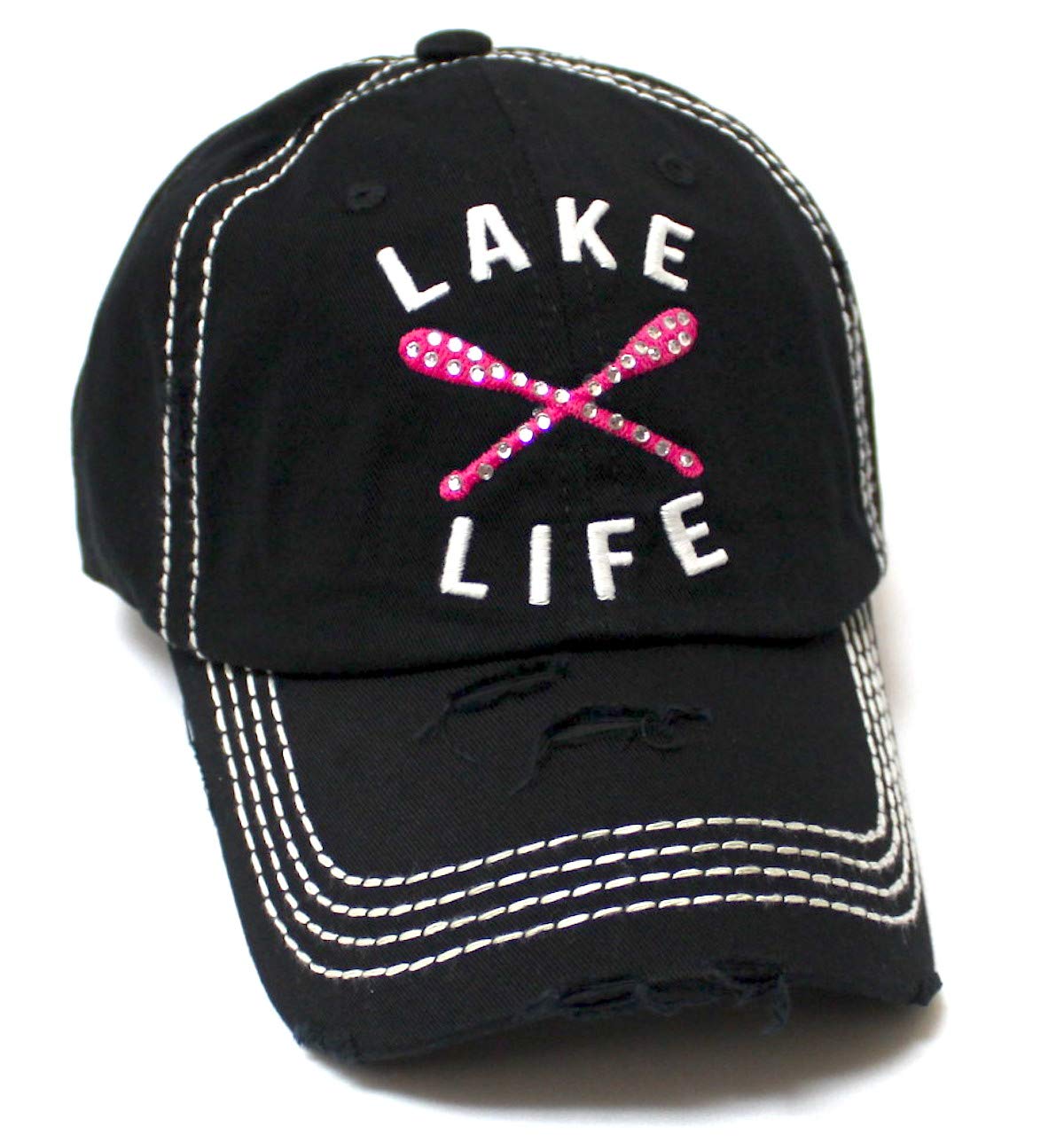 Women's Vintage Beach Cap Lake Life Embellished Boat Paddles Monogram Embroidery Hat, Black - Caps 'N Vintage 