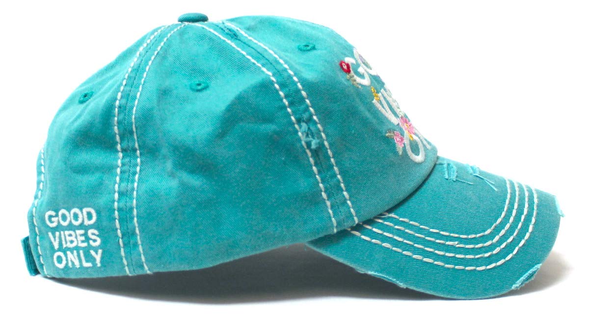 Women's Summer Ballcap Good Vibes Only Floral Monogram Embroidery Beach Hat, Ocean Blue - Caps 'N Vintage 