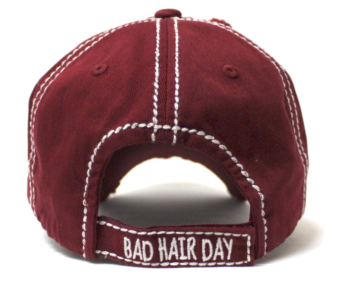 Women's Hat Bad Hair Day Embroidery Patch on Distressed Cap, Vintage Cabernet - Caps 'N Vintage 