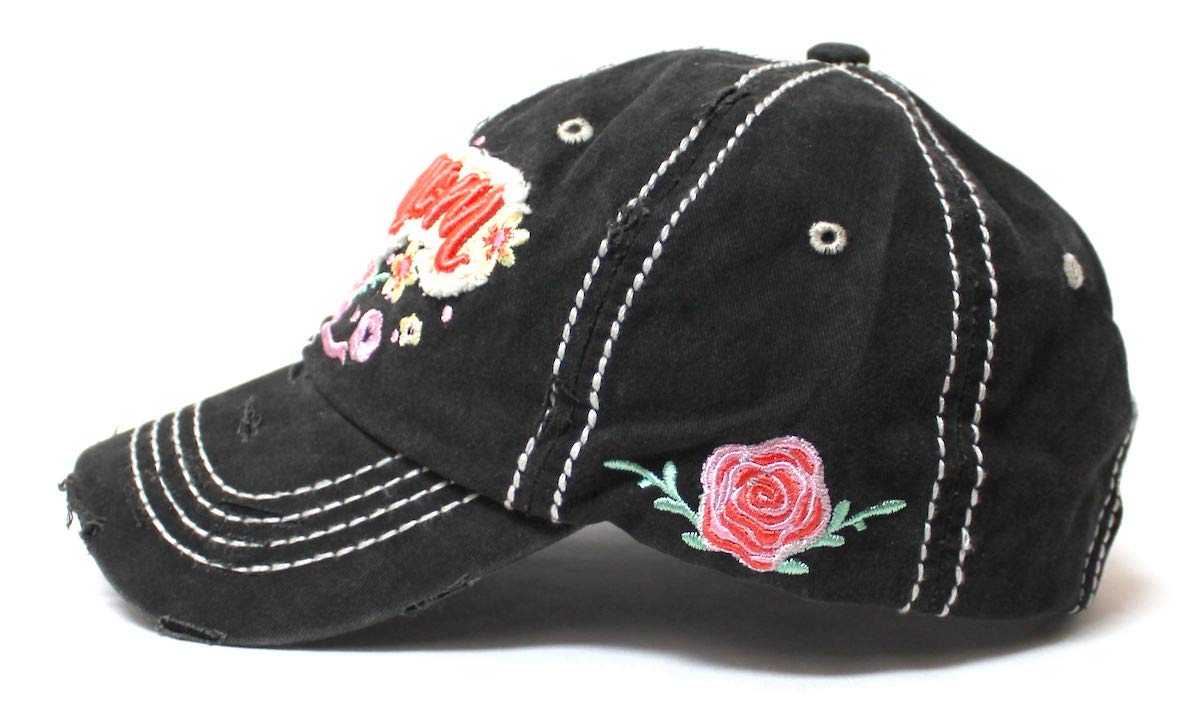 Women's Cap I Love Mom Hearts & Roses Patch Embroidery Monogram Hat, Vintage Black - Caps 'N Vintage 