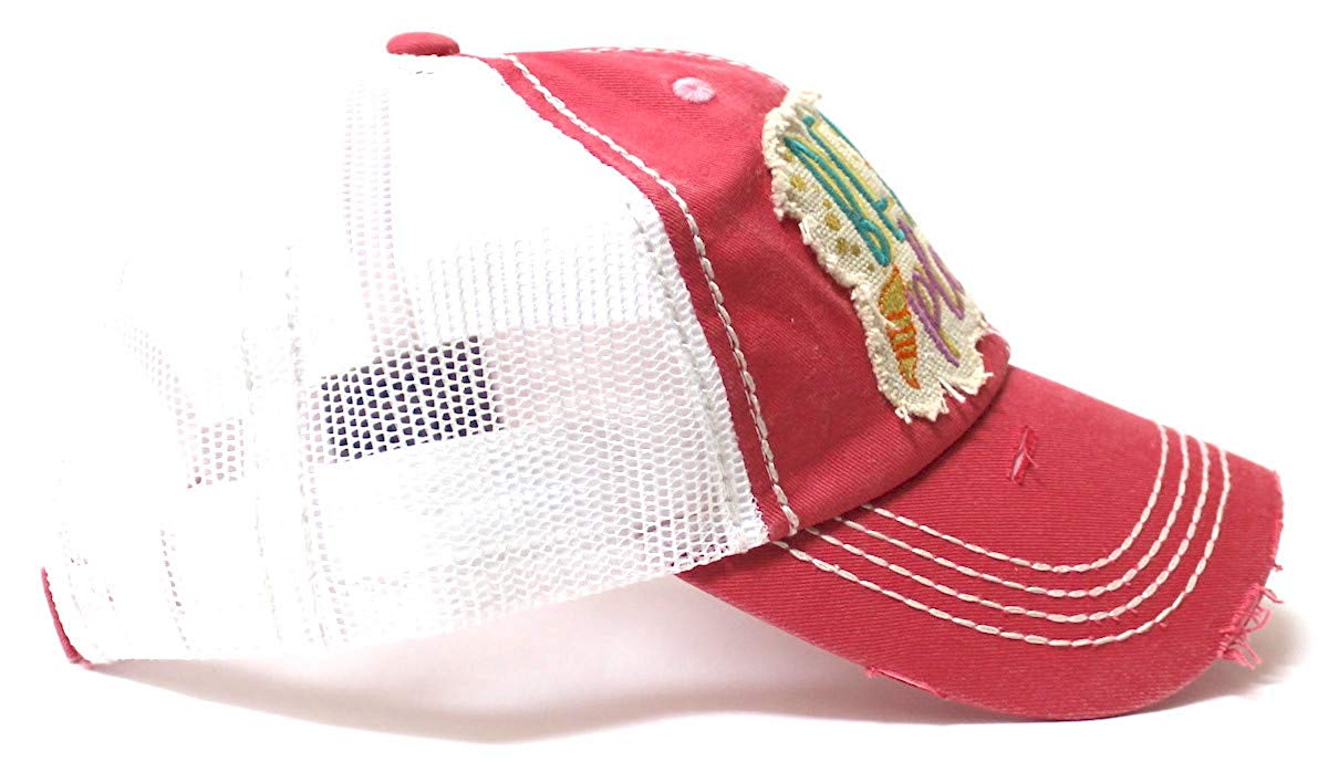 Women's Vintage Trucker Hat Beach Please Patch Embroidery Graphic, Coral Rose - Caps 'N Vintage 
