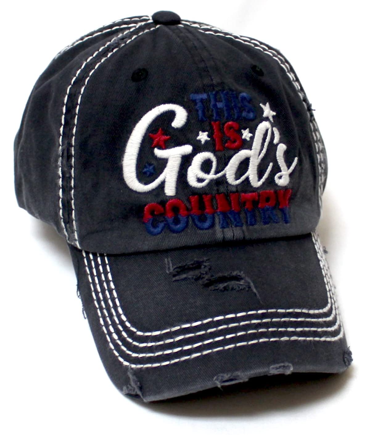 CAPS 'N VINTAGE American Distressed Hat This is God's Country Stars, Stripes & Red, White & Blue USA Themed Cap, Black